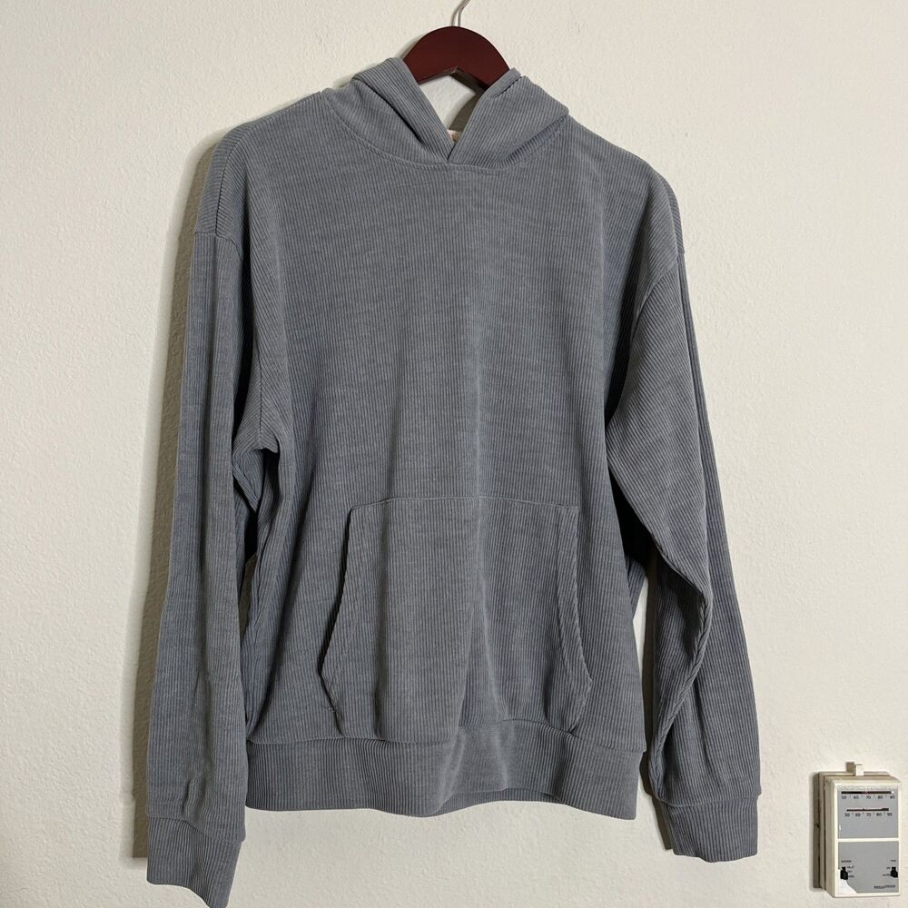 NEGATIVE SPACE Men's Gray Corduroy Ribbed Hoodie Oversized Pocket SZ M